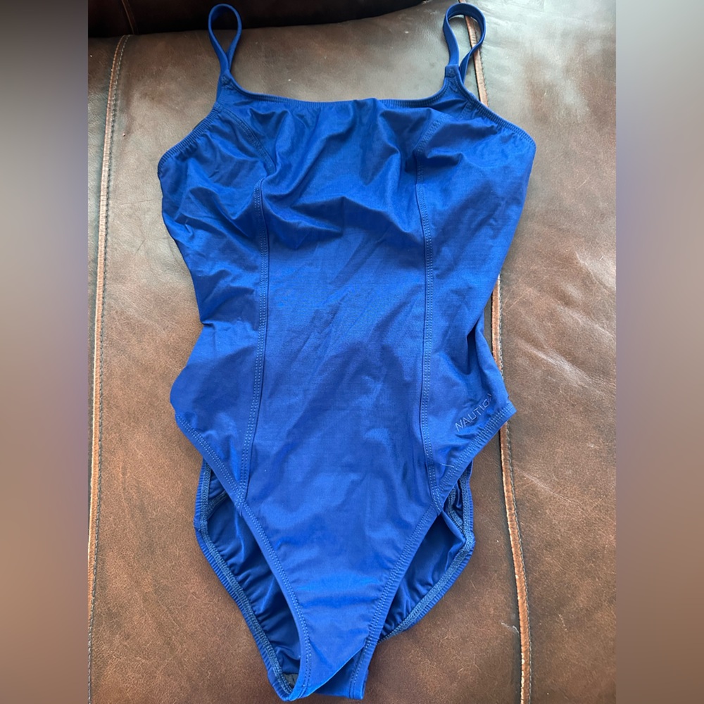Nautica Cobalt Blue Navy Slim-Strap One-Piece Swimsuit. Iridescent fabric. Sz10,